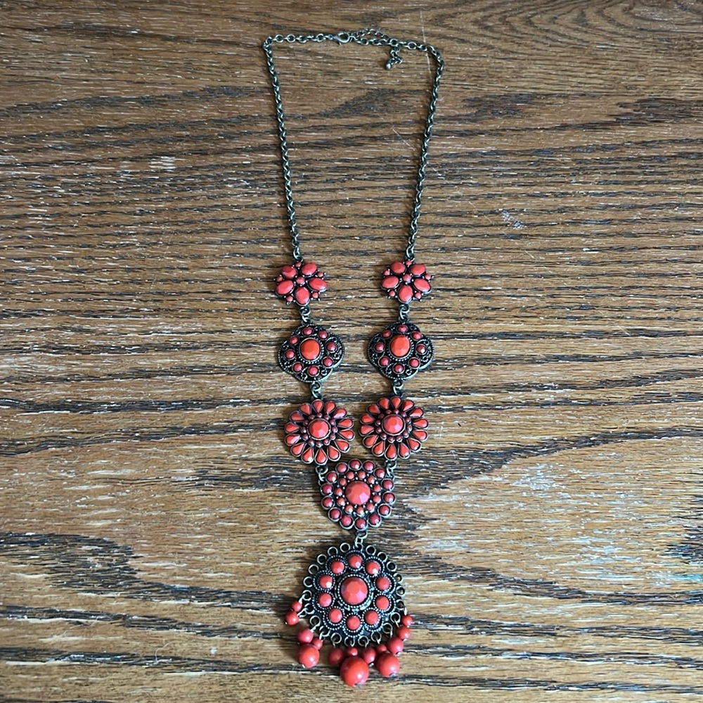 Brass metal and red stone necklace